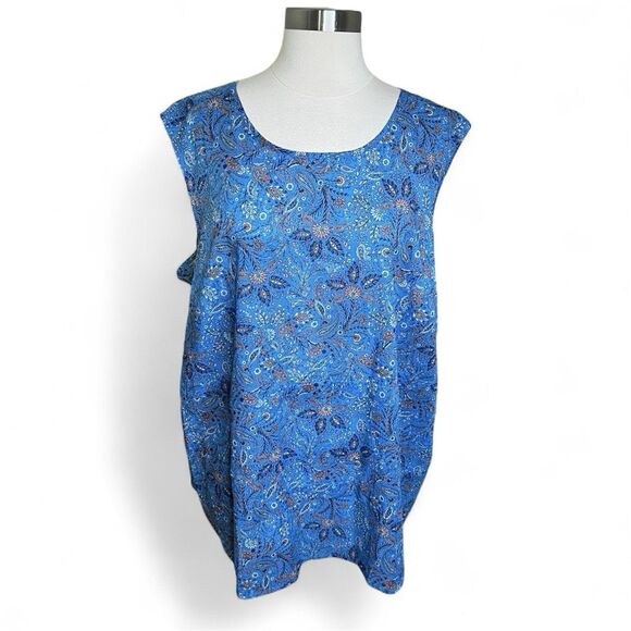 J Jill Top Womens 3X Blue Cotton Paisley Boho Tiered Cap Sleeve Keyhole Back - Picture 1 of 9